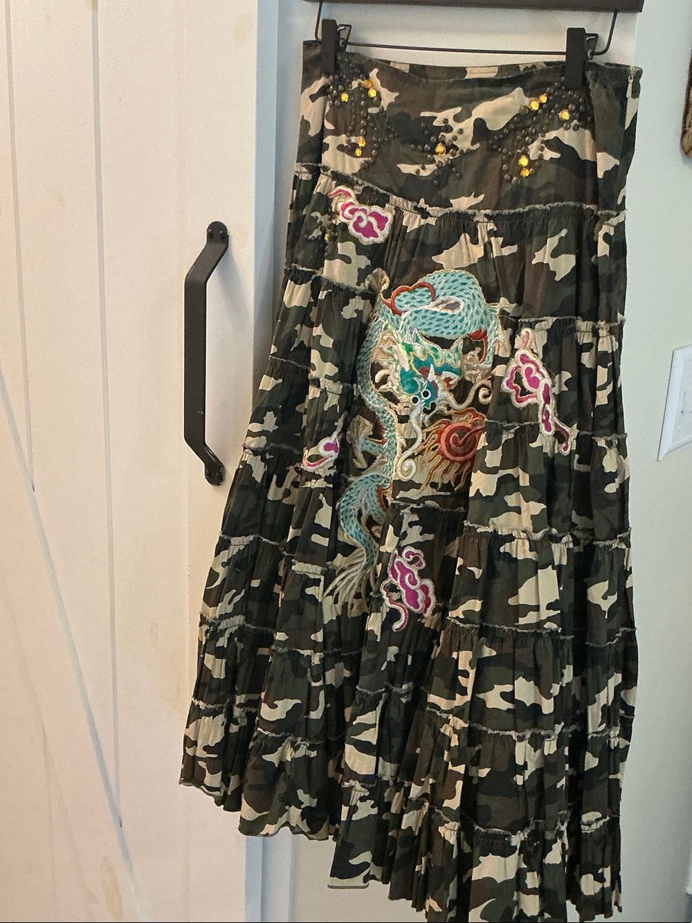 Camo Tiered Maxi Skirt with Embroidered Dragon